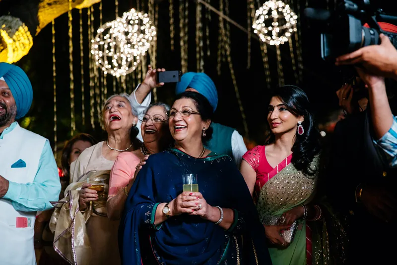 Family laughing and looking up